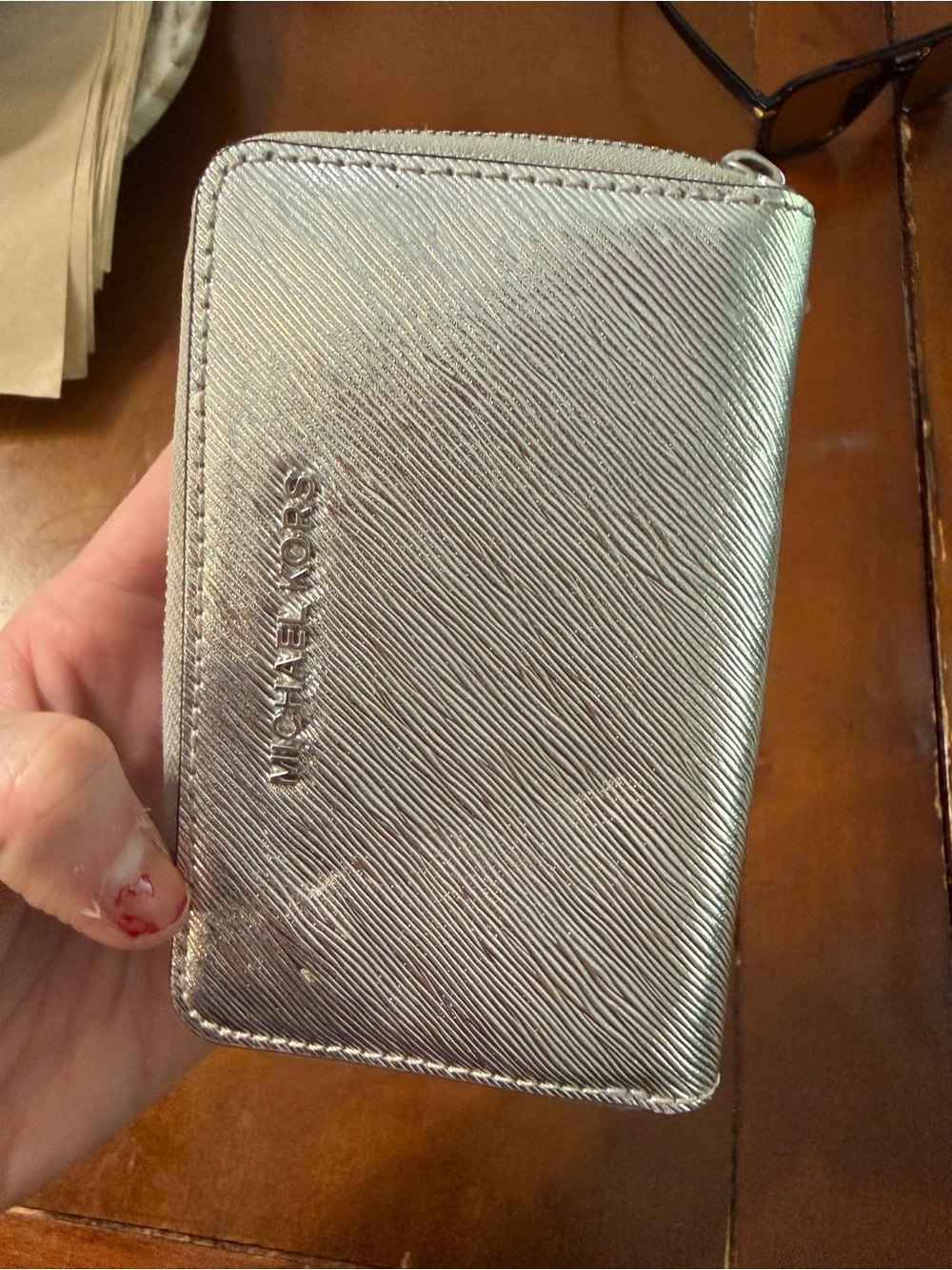 Michael Kors Silver Metallic Zip Card Wallet